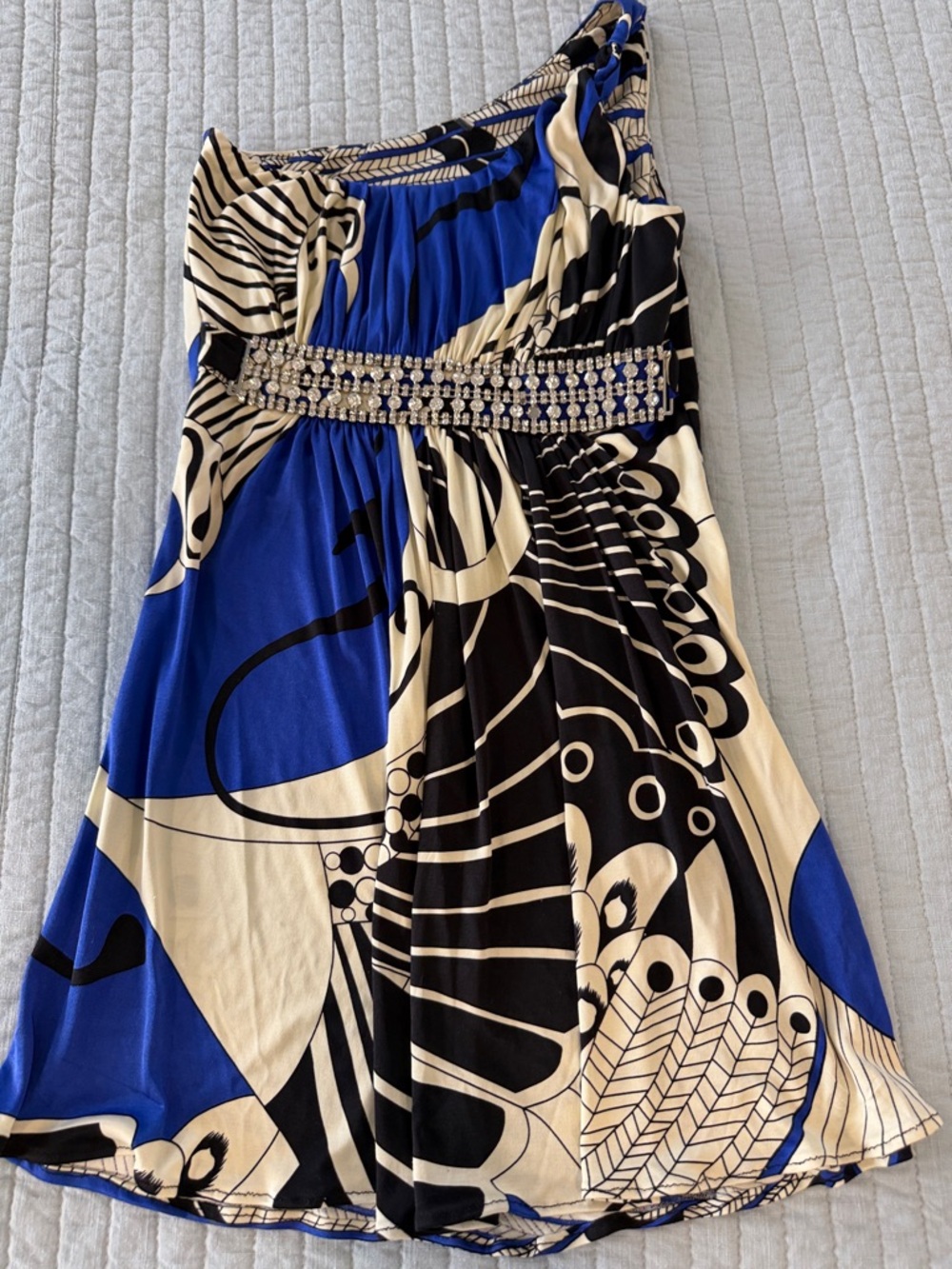 One-Shoulder Blue, Black & Cream Printed Dress